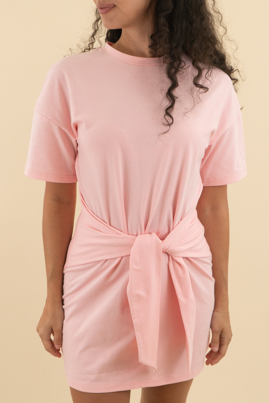 kittenish light pink tie front t shirt dress (l; retail $68)