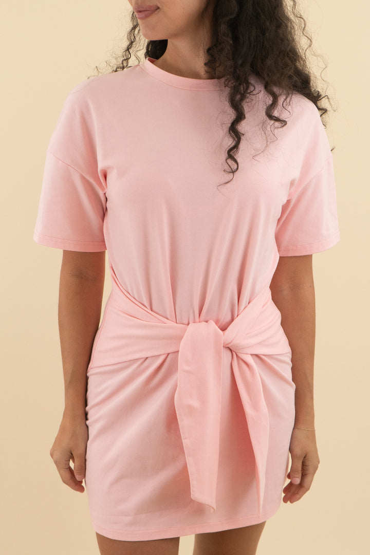 kittenish light pink tie front t shirt dress (l; retail $68)