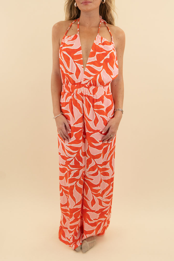 13. cupshe orange and pink patterened jumpsuit NWT (s; retail $42)