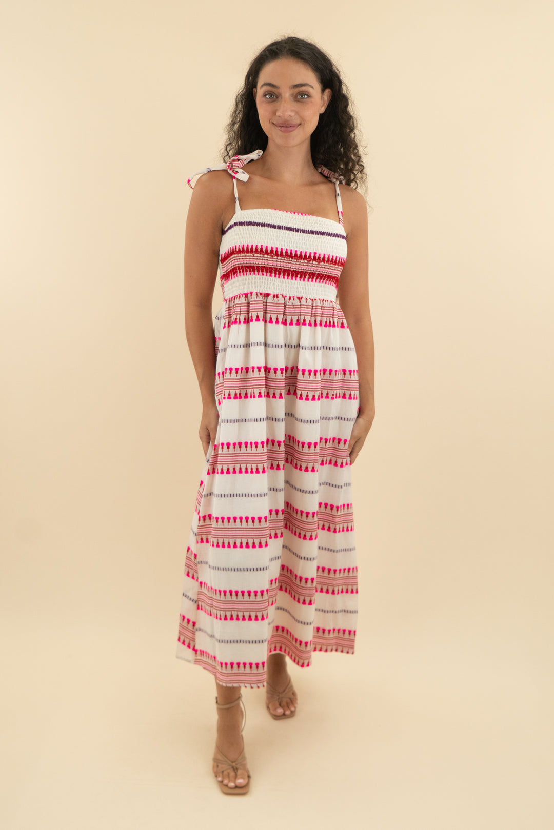 en creme ivory and pink printed stripe dress nwt (xs; retail $84)