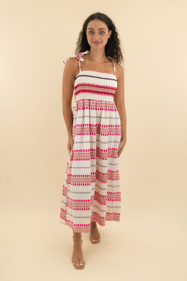 en creme ivory and pink printed stripe dress nwt (xs; retail $84)