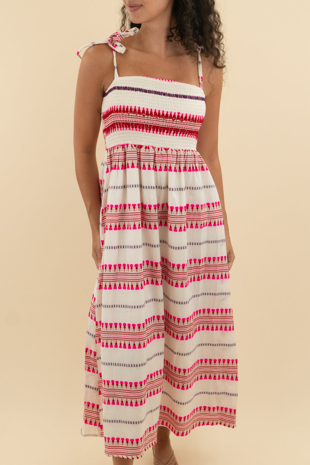 en creme ivory and pink printed stripe dress nwt (xs; retail $84)