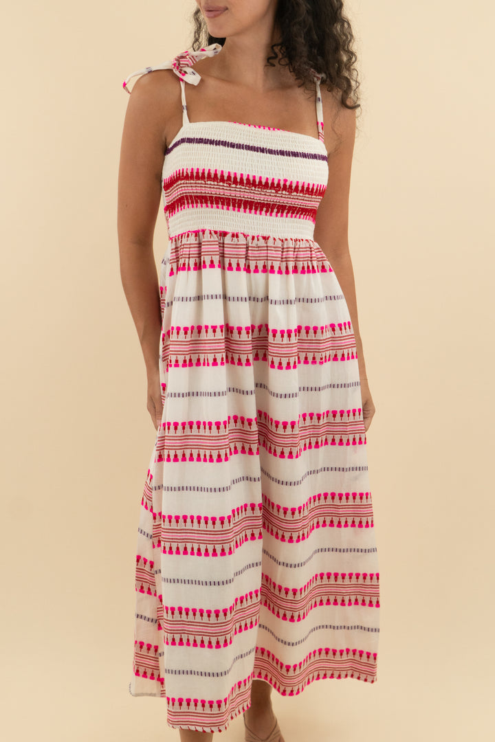 en creme ivory and pink printed stripe dress nwt (xs; retail $84)