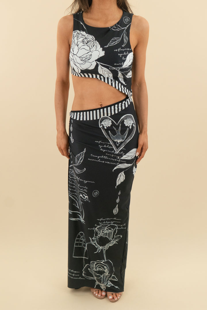 agua bendita black and white patterned maxi dress (s; retail $350)