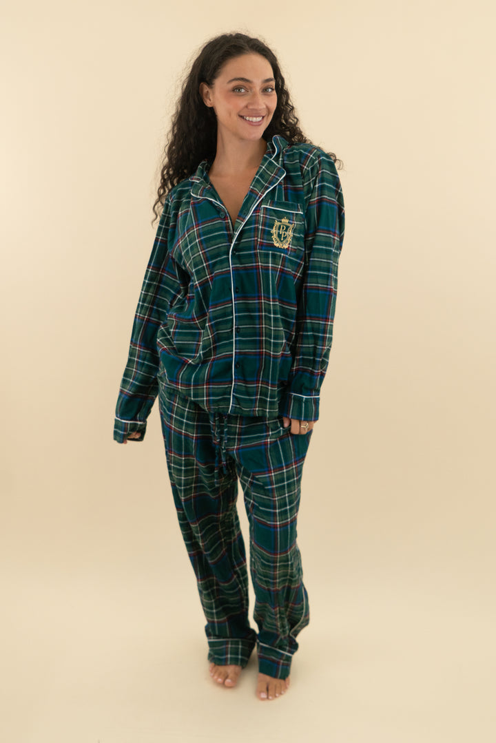 posh peanut green flannel pj set (l; retail $95)