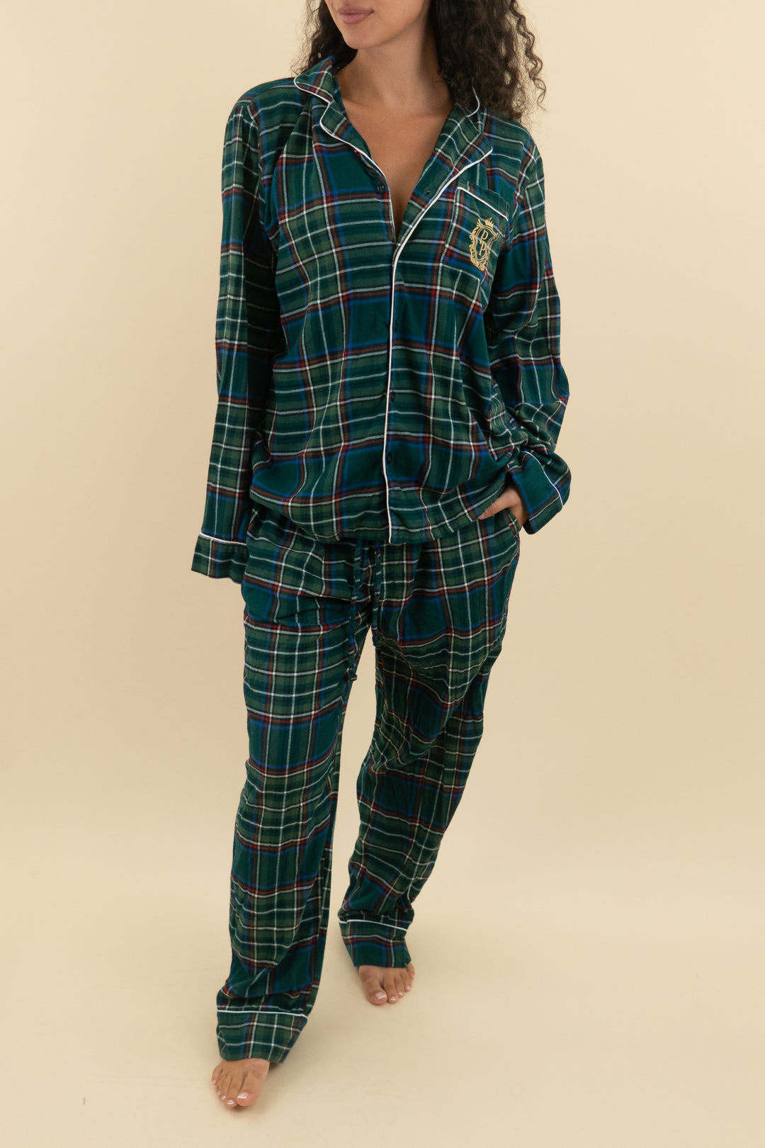 posh peanut green flannel pj set (l; retail $95)