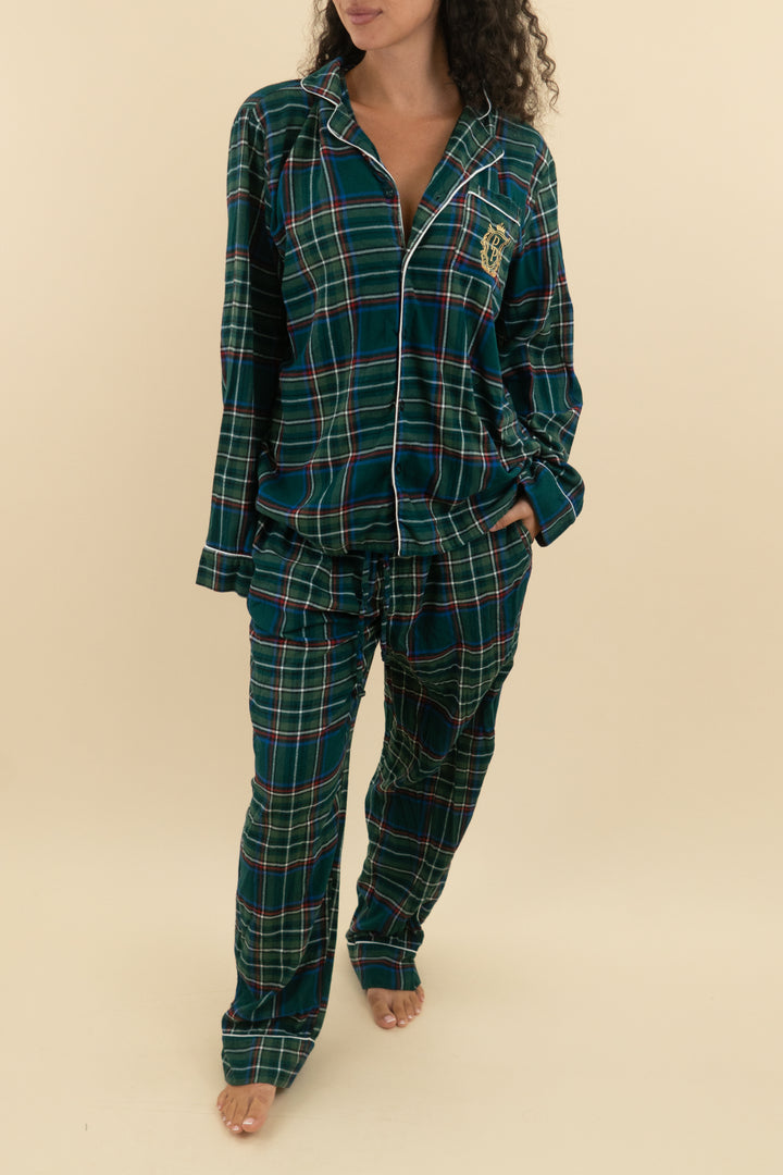 posh peanut green flannel pj set (l; retail $95)