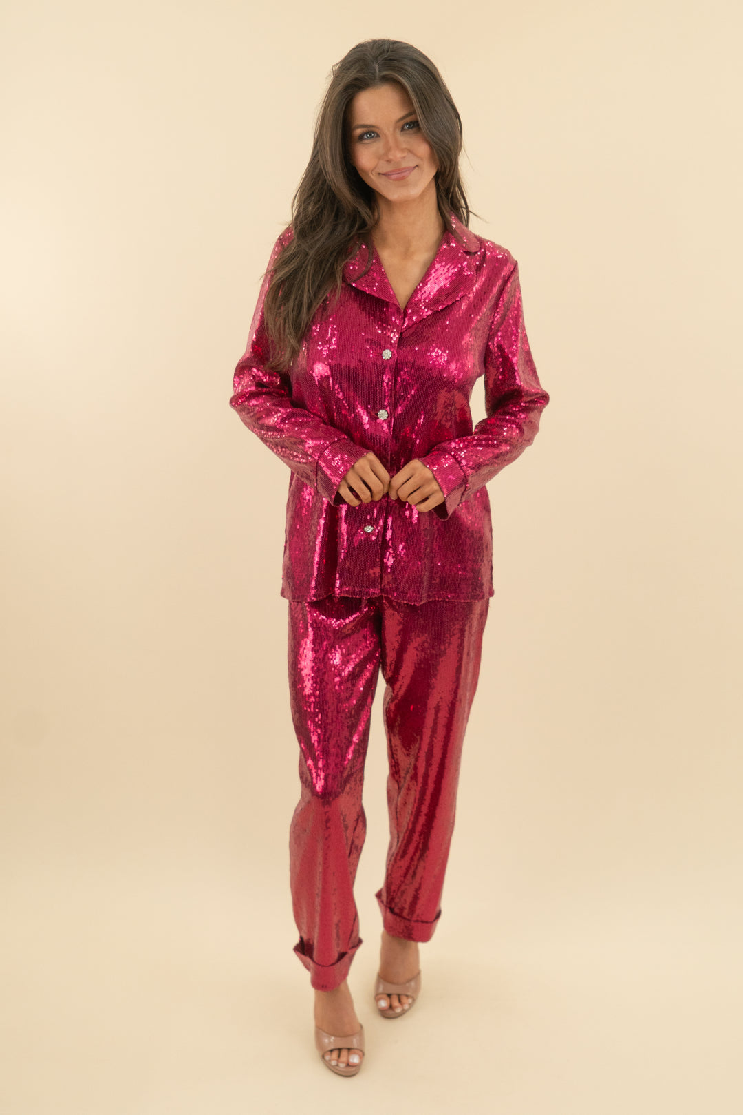 nadine merabi hot pink sequin pant and blazer set (xs; retail $595)