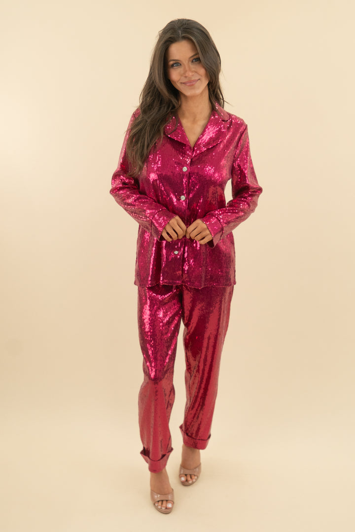 nadine merabi hot pink sequin pant and blazer set (xs; retail $595)