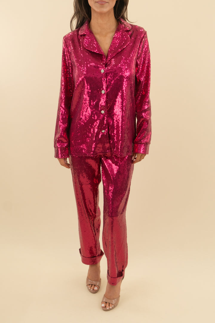 nadine merabi hot pink sequin pant and blazer set (xs; retail $595)