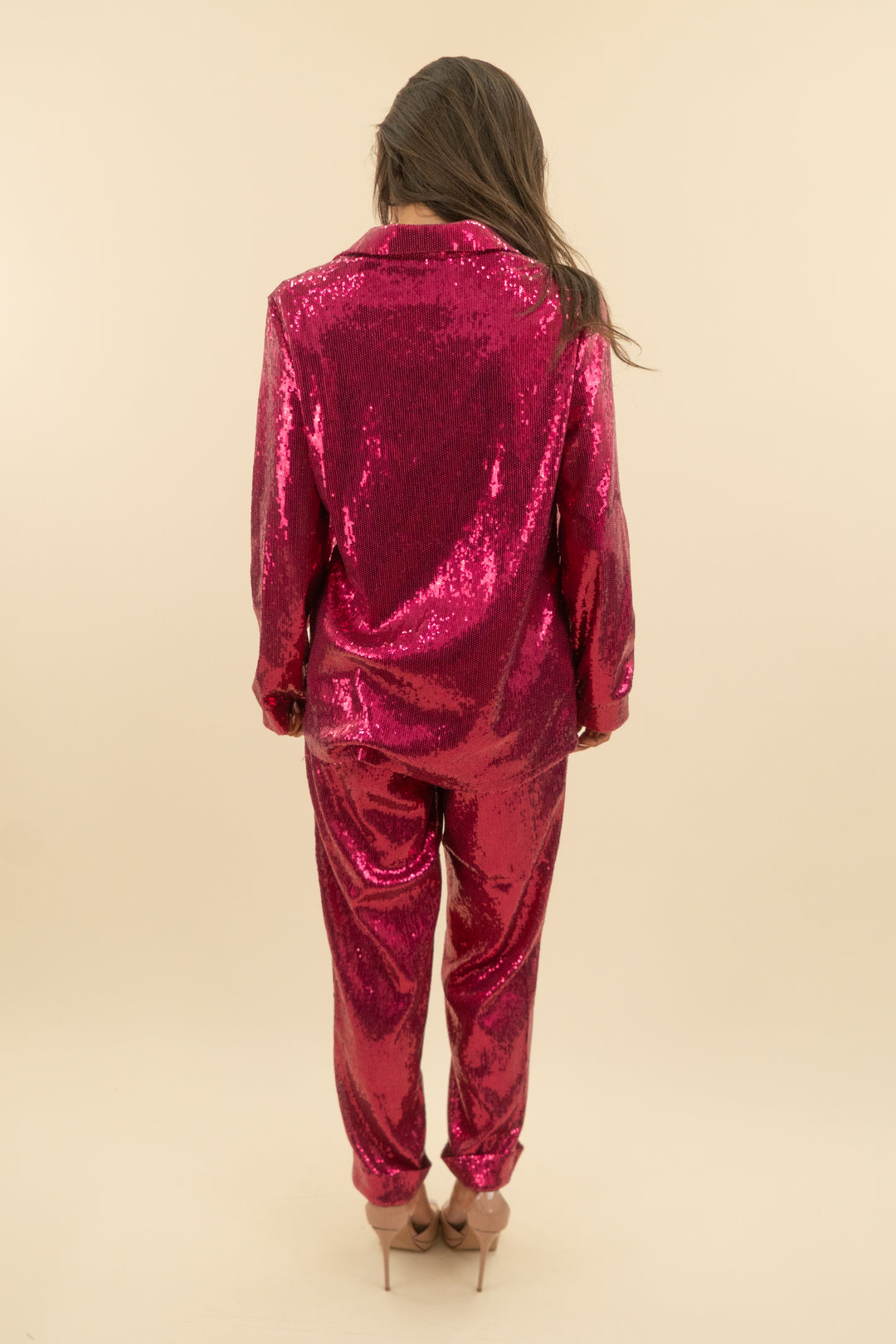 nadine merabi hot pink sequin pant and blazer set (xs; retail $595)