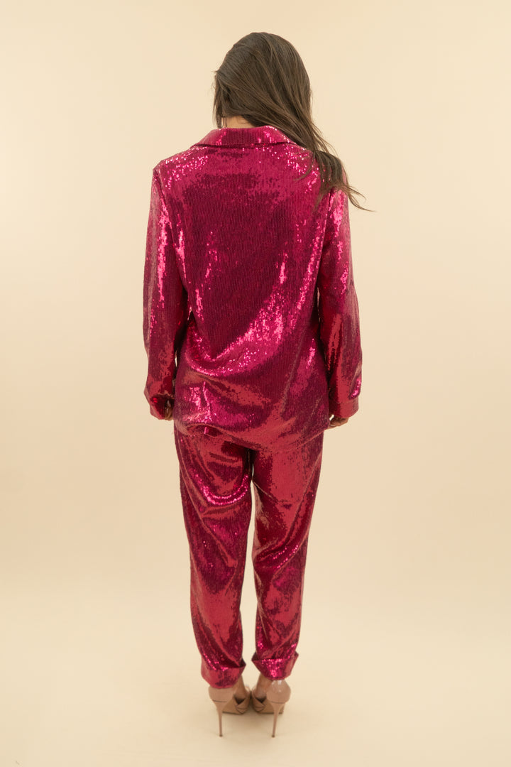 nadine merabi hot pink sequin pant and blazer set (xs; retail $595)