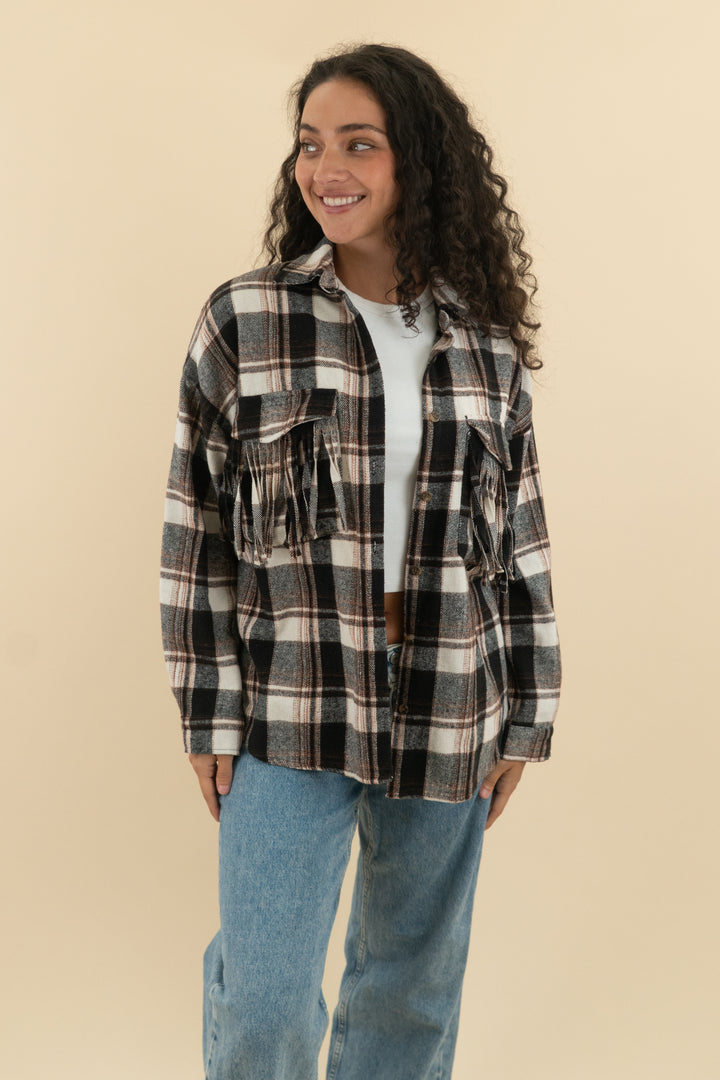 black and brown plaid flannel jacket (xs; retail $88)