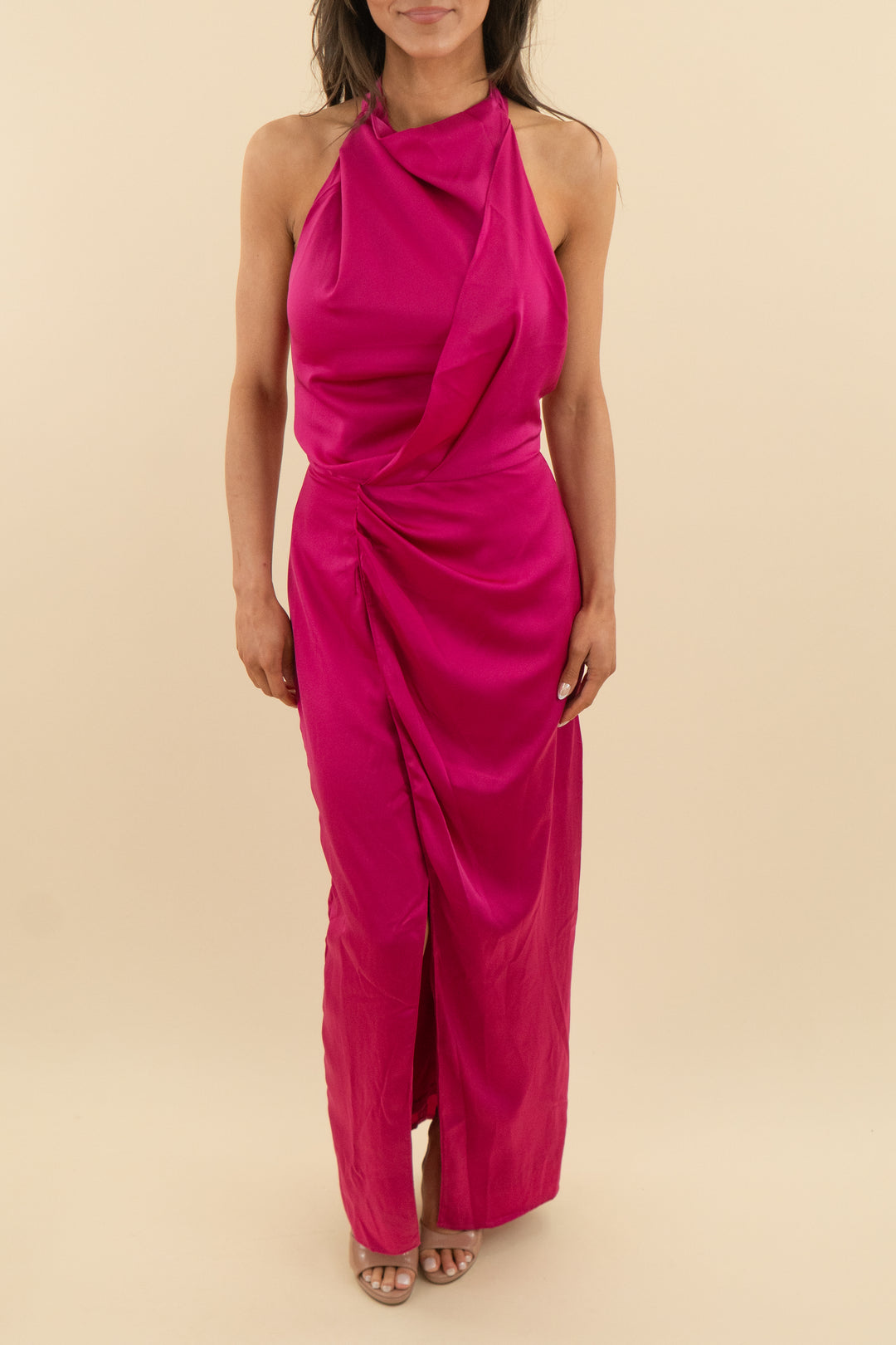 vici hot pink satin maxi dress (xs; retail $78)
