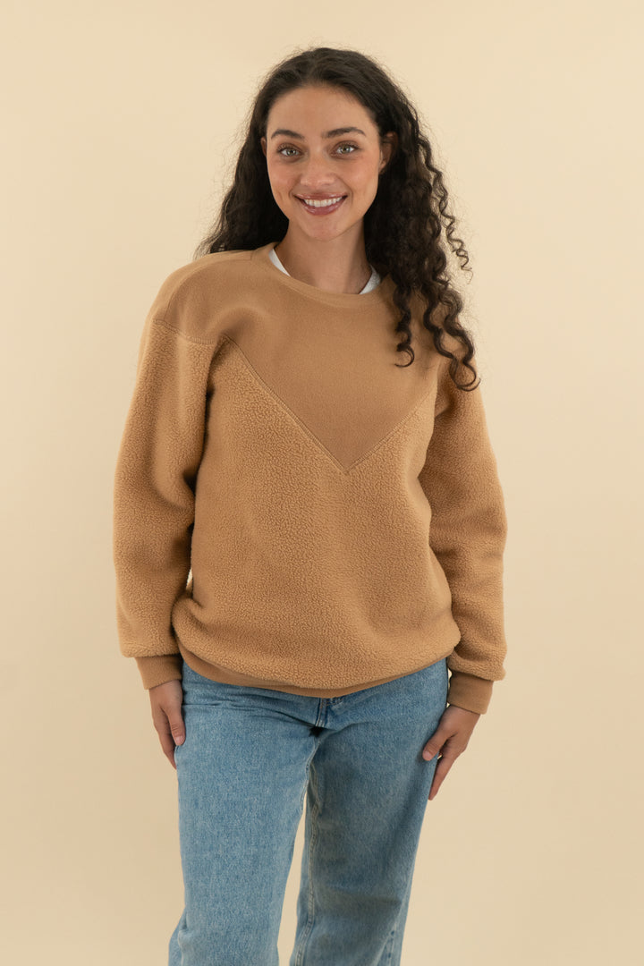 dudley stephens light brown color block teddy sweatshirt (xs; retail $158)