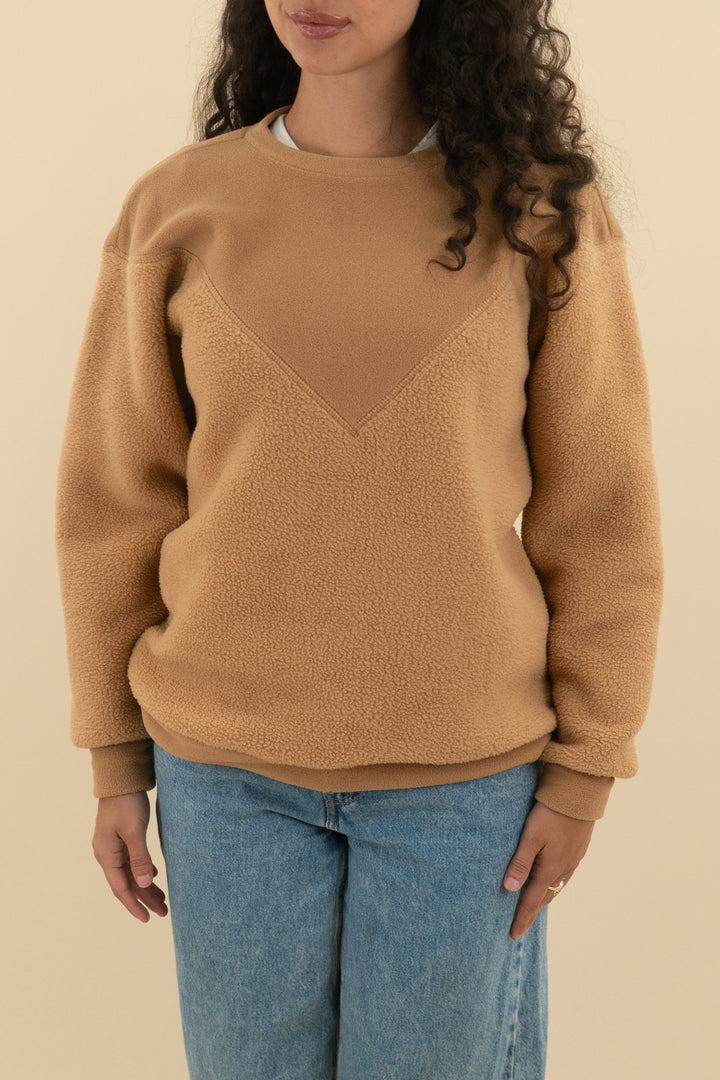 dudley stephens light brown color block teddy sweatshirt (xs; retail $158)