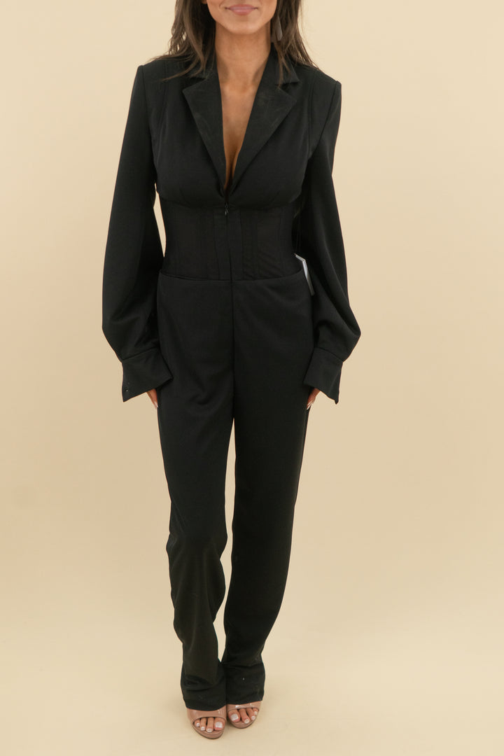 deity black long sleeve collared jumpsuit (0; retail $420)