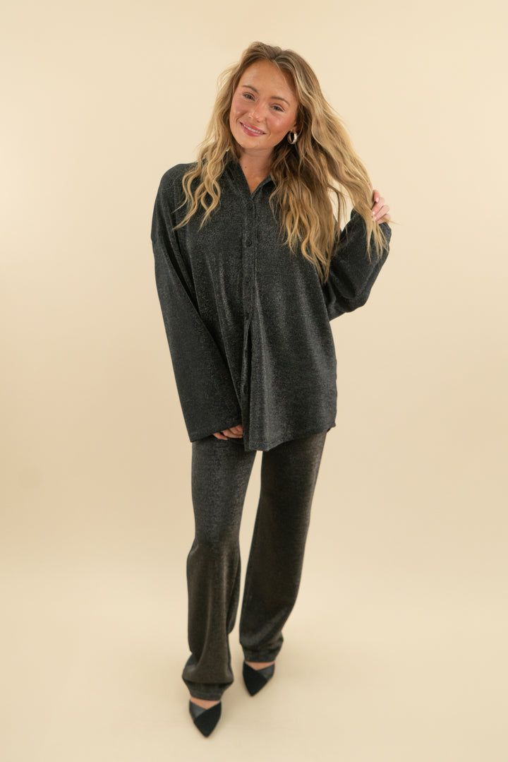 kittenish black shimmer button down top and pant set (xs; retail $176)