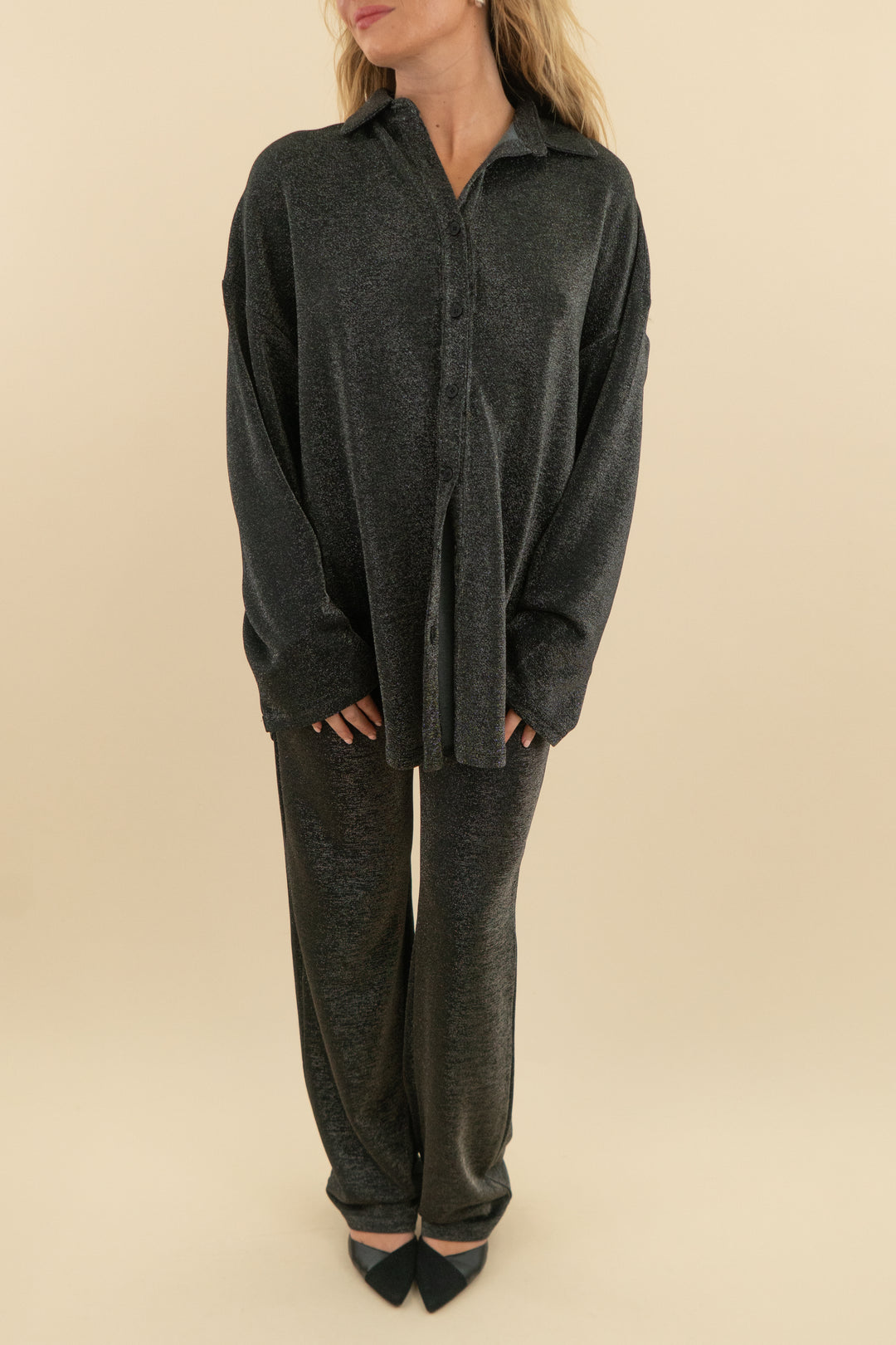 kittenish black shimmer button down top and pant set (xs; retail $176)