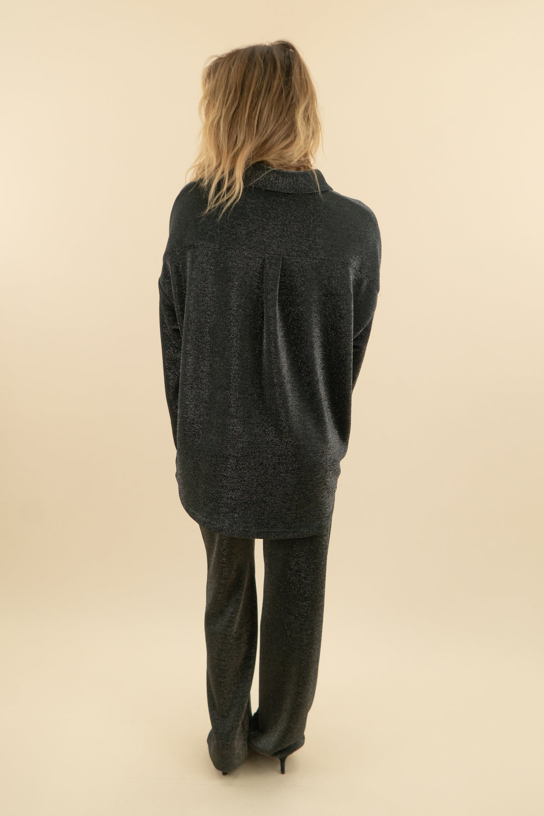 kittenish black shimmer button down top and pant set (xs; retail $176)