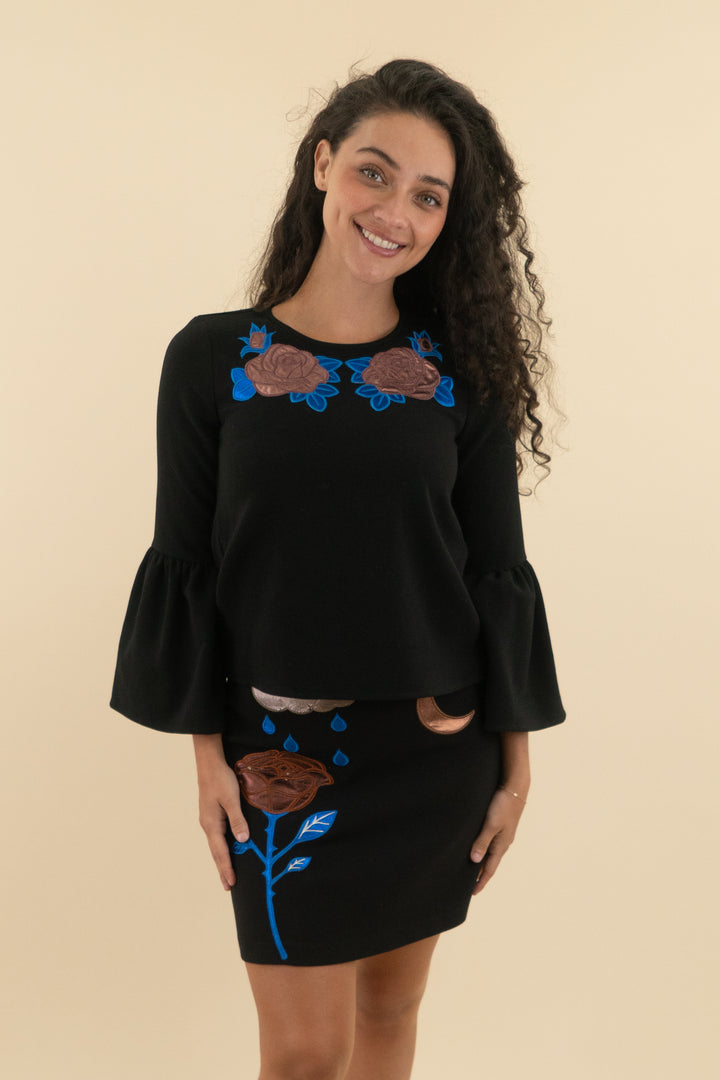 cynthia rowley black floral top & skirt set (s)