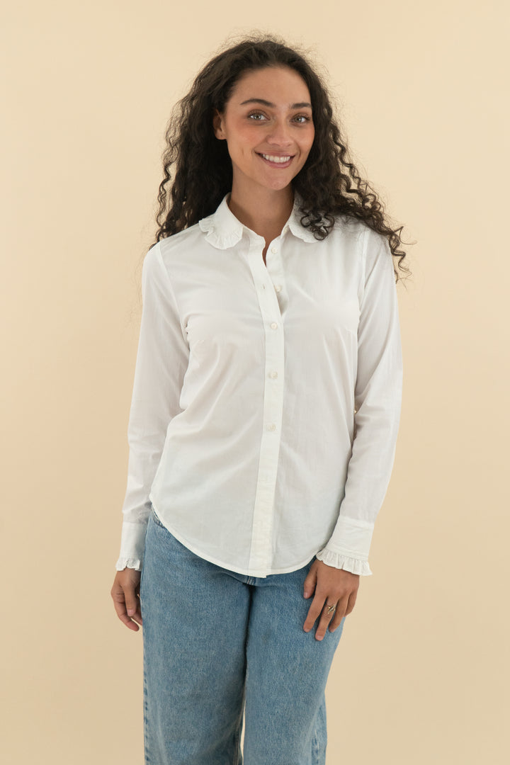 j crew white ruffle collar button down top (xs; retail $158)