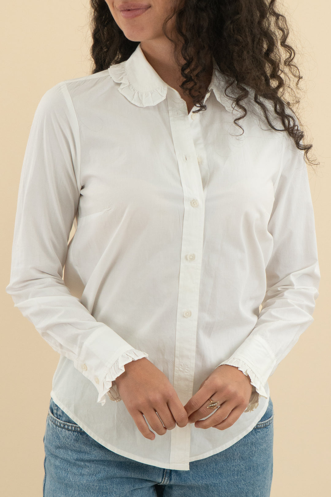 j crew white ruffle collar button down top (xs; retail $158)