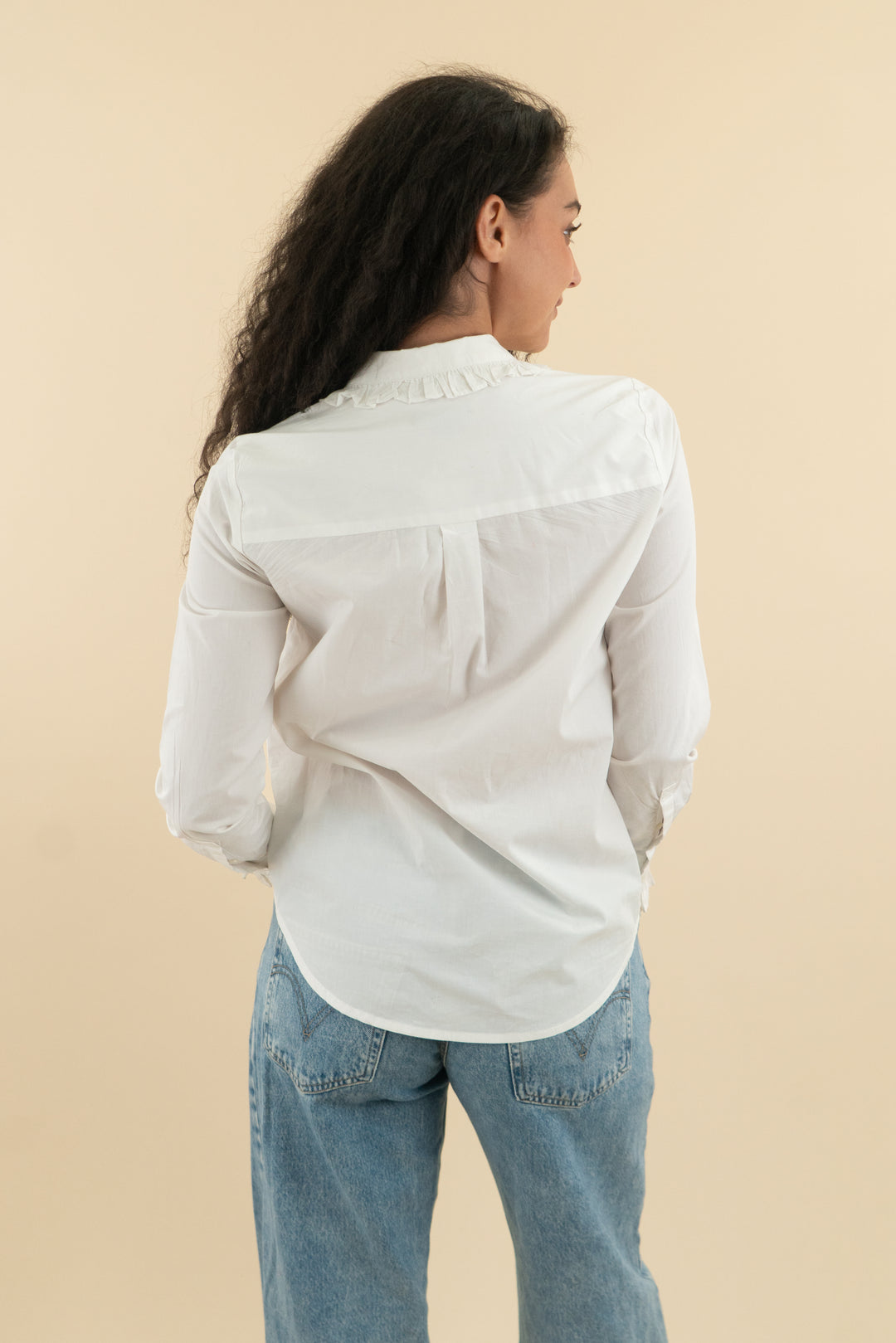 j crew white ruffle collar button down top (xs; retail $158)