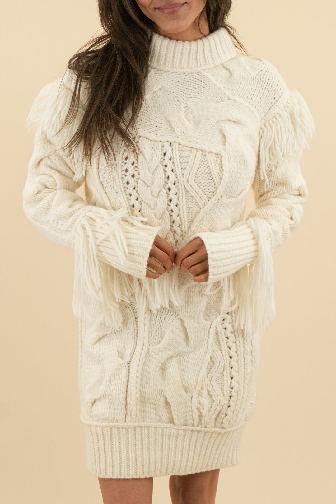 coach cream cable knit fringe sweater dress (XS; retail $600)