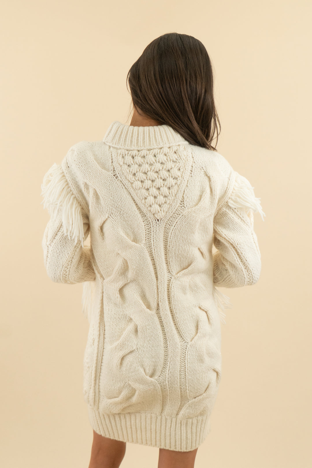 coach cream cable knit fringe sweater dress (XS; retail $600)
