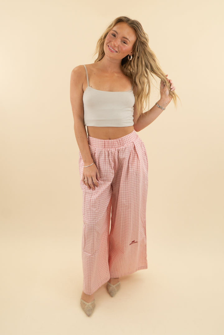 eme studios light pink and red plaid high waist flare pants (34; retail $129)