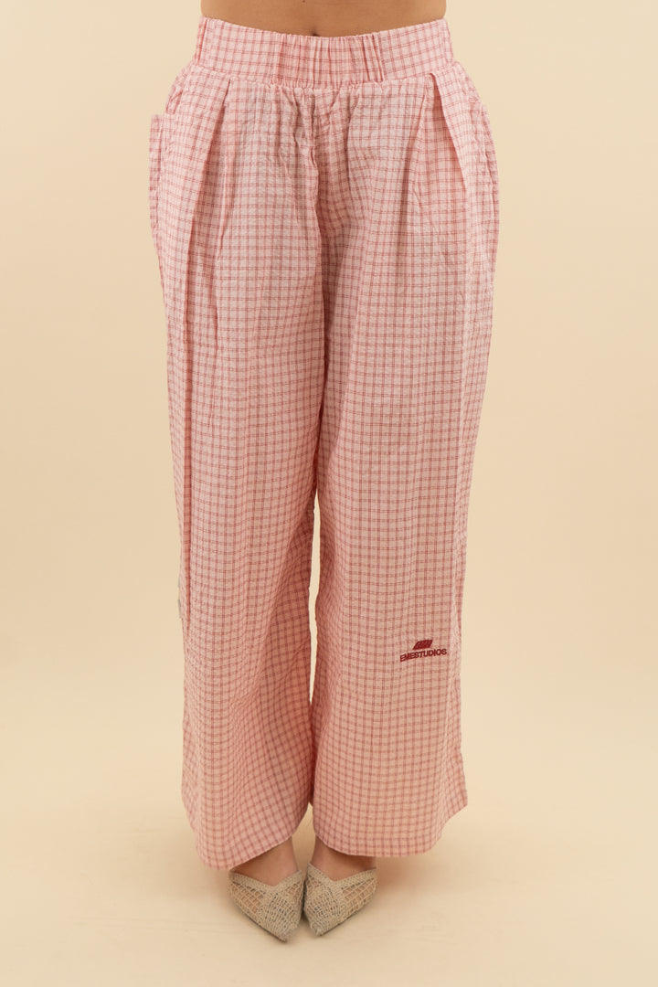 eme studios light pink and red plaid high waist flare pants (34; retail $129)