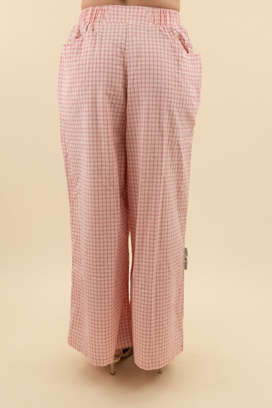 eme studios light pink and red plaid high waist flare pants (34; retail $129)