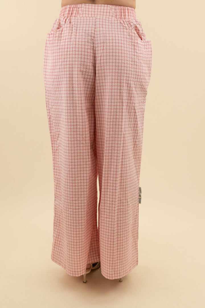 eme studios light pink and red plaid high waist flare pants (34; retail $129)