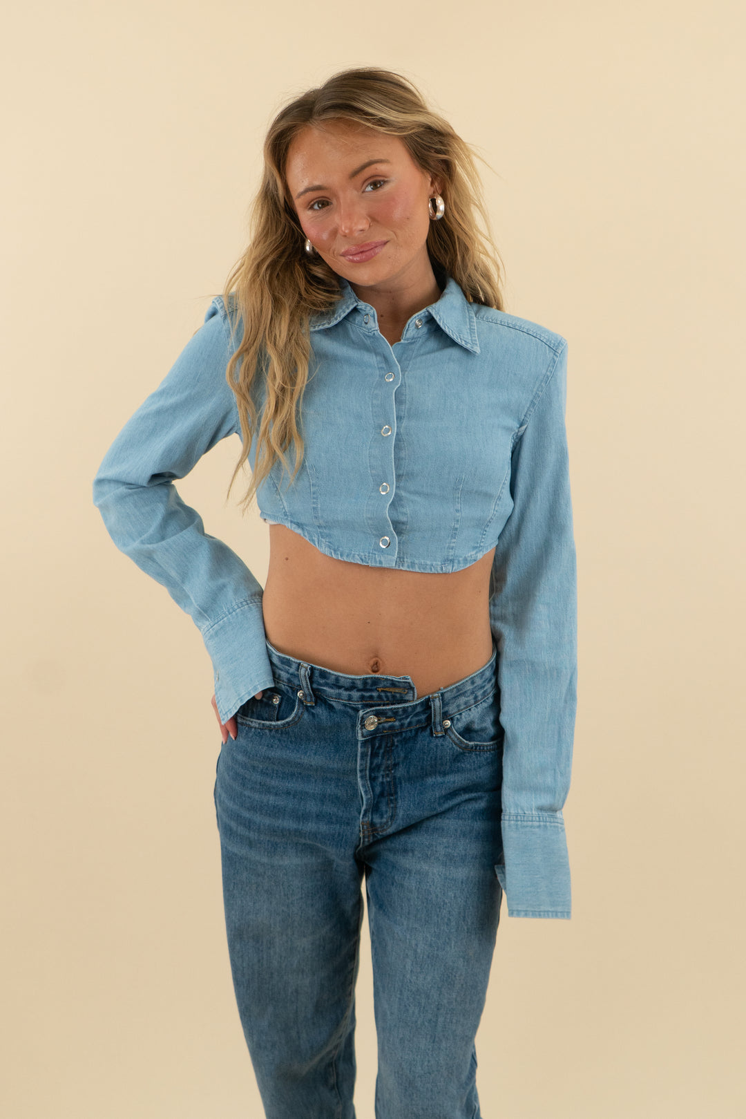 zara chambray long sleeve crop top nwt (s; retail $39.90)