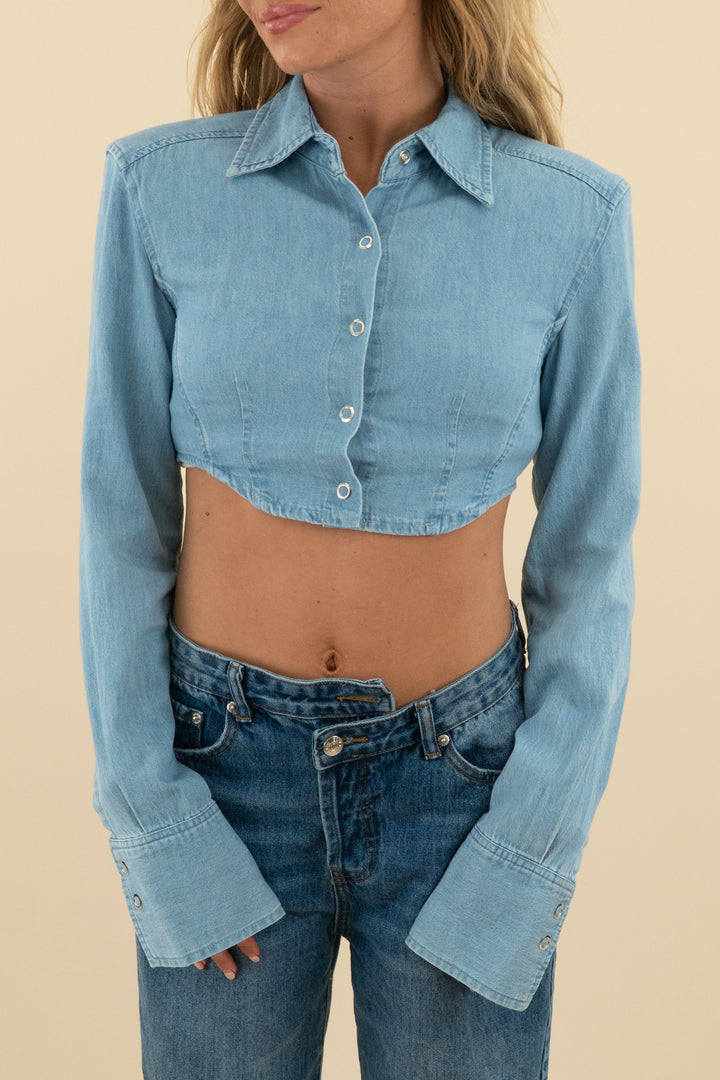 zara chambray long sleeve crop top nwt (s; retail $39.90)
