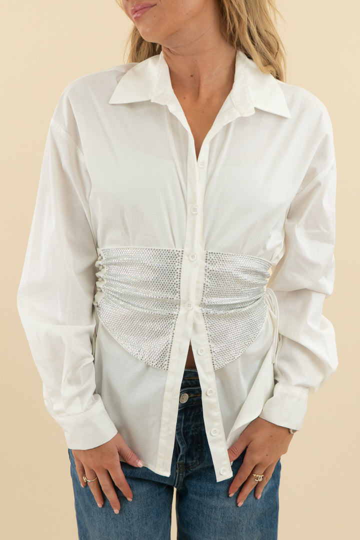 akira white rhinestone top (s; retail $59)