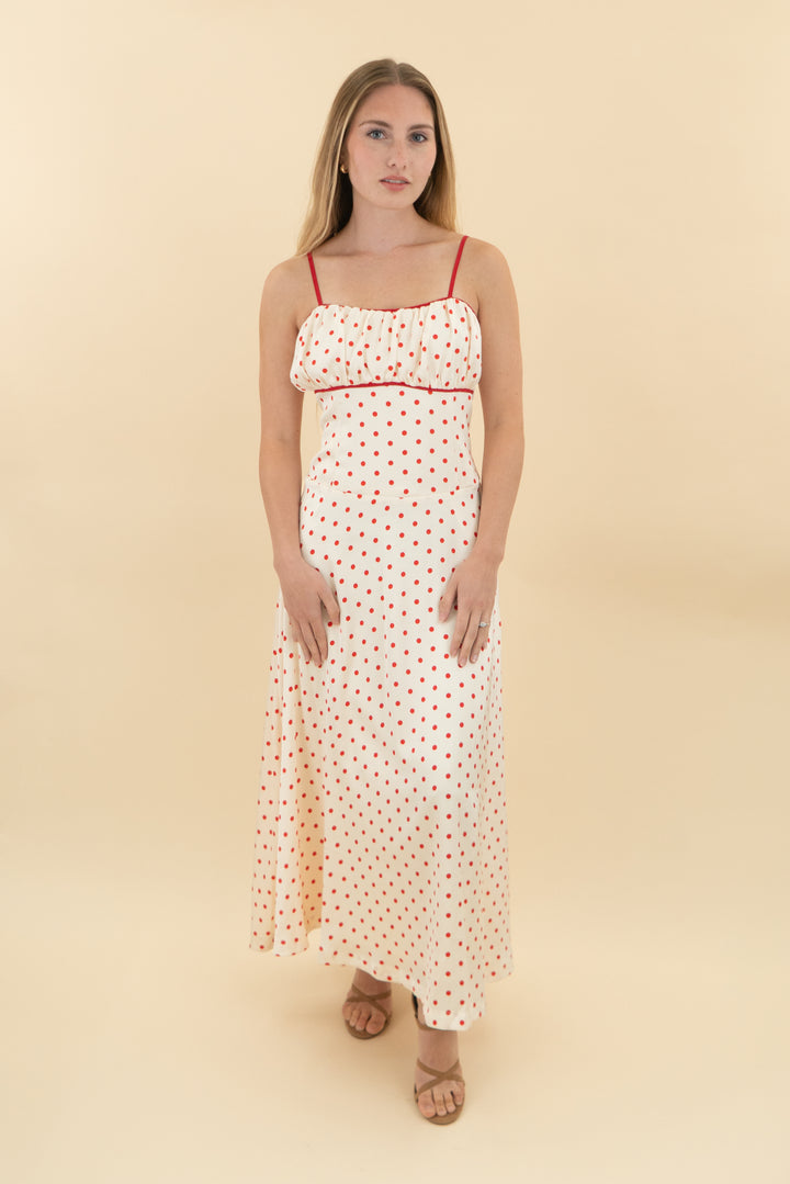 skies are blue cream/red polka dot midi dress nwt (s; retail $128)