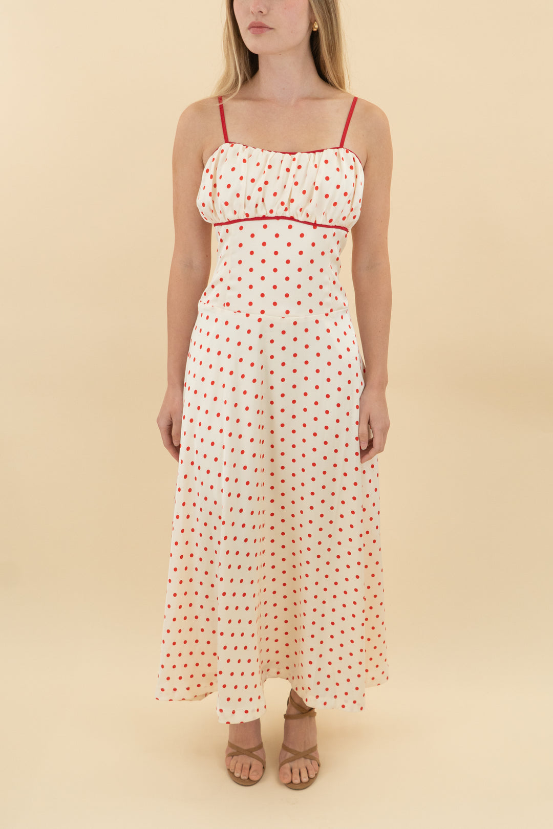 skies are blue cream/red polka dot midi dress nwt (s; retail $128)