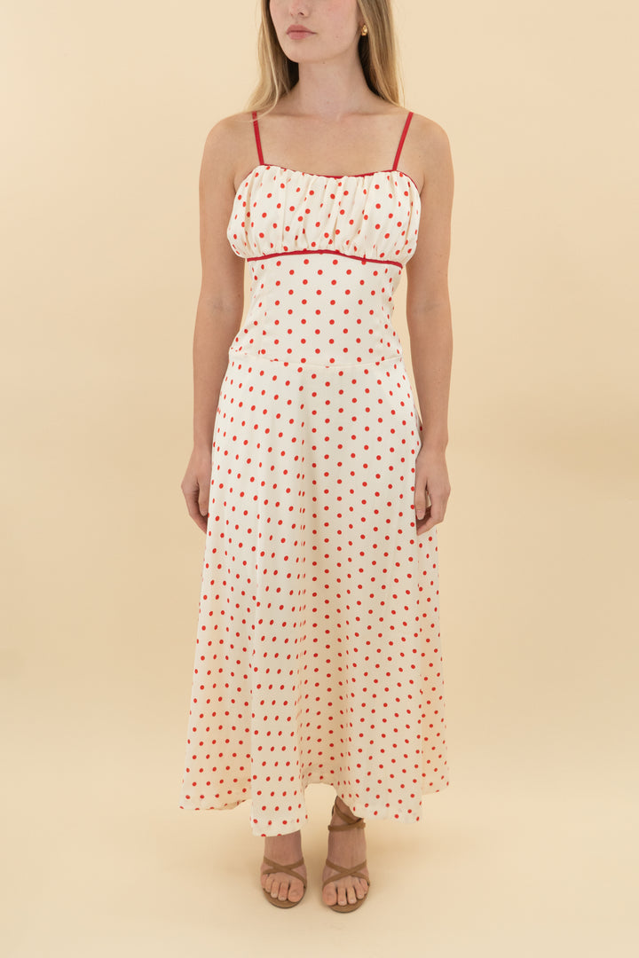 skies are blue cream/red polka dot midi dress nwt (s; retail $128)