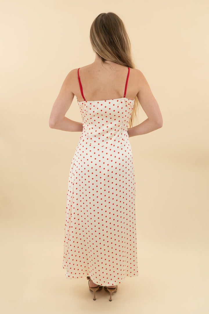 skies are blue cream/red polka dot midi dress nwt (s; retail $128)