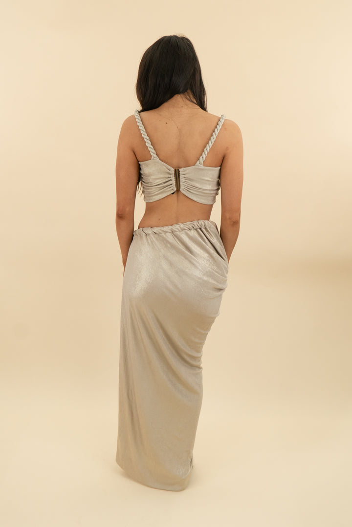 mélani champagne gold top and skirt set nwt (s; retail $279)