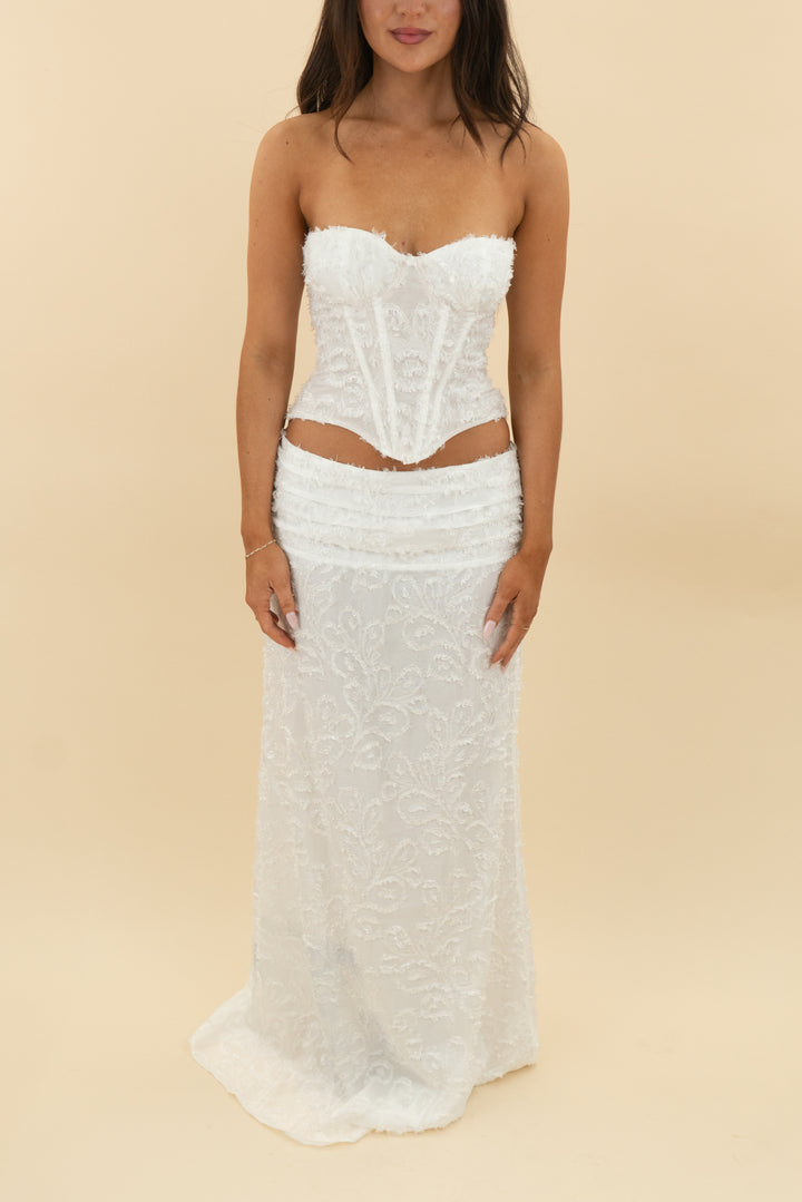 outcast white textured corset top and skirt set (s)