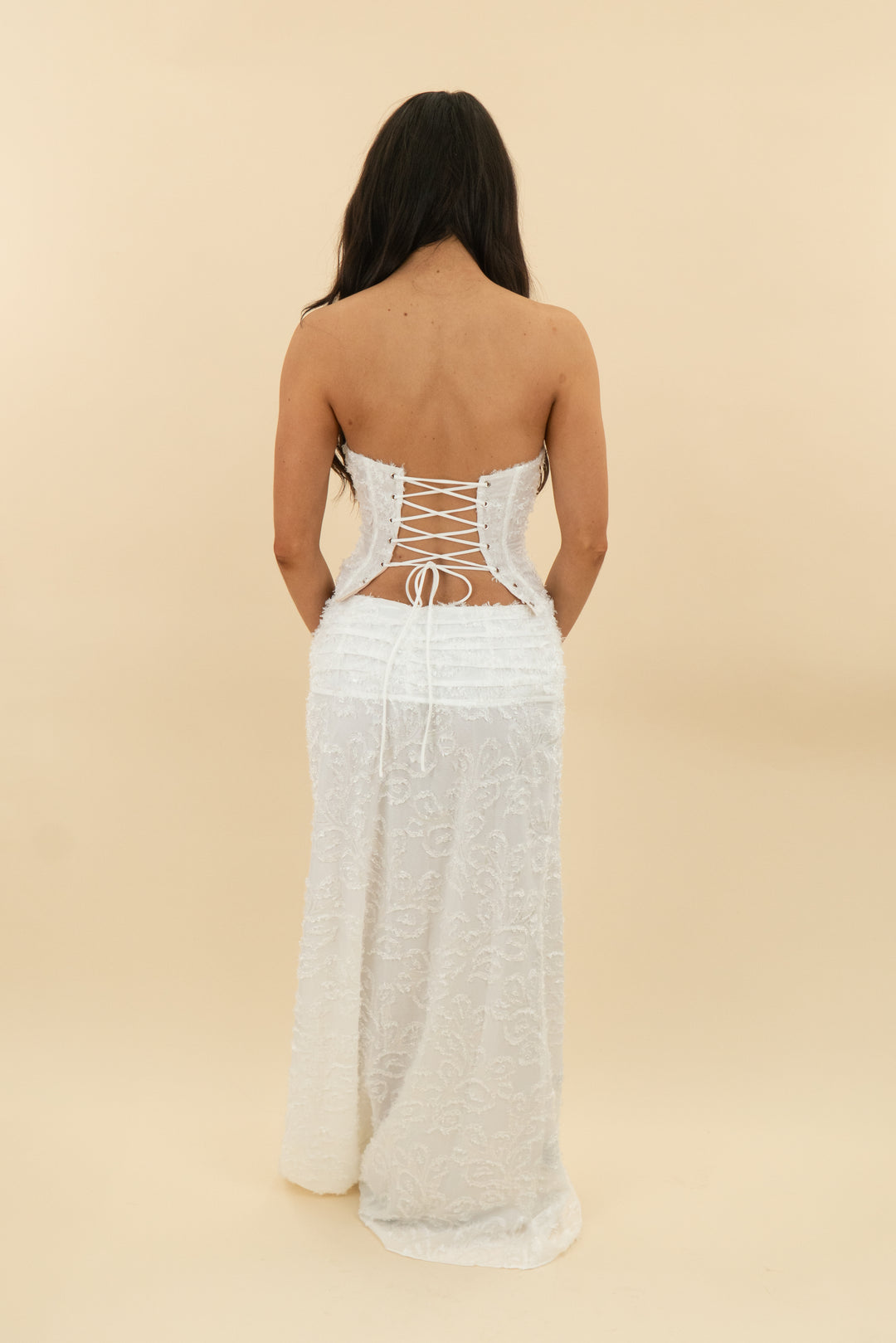 outcast white textured corset top and skirt set (s)
