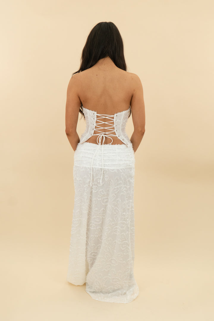 outcast white textured corset top and skirt set (s)