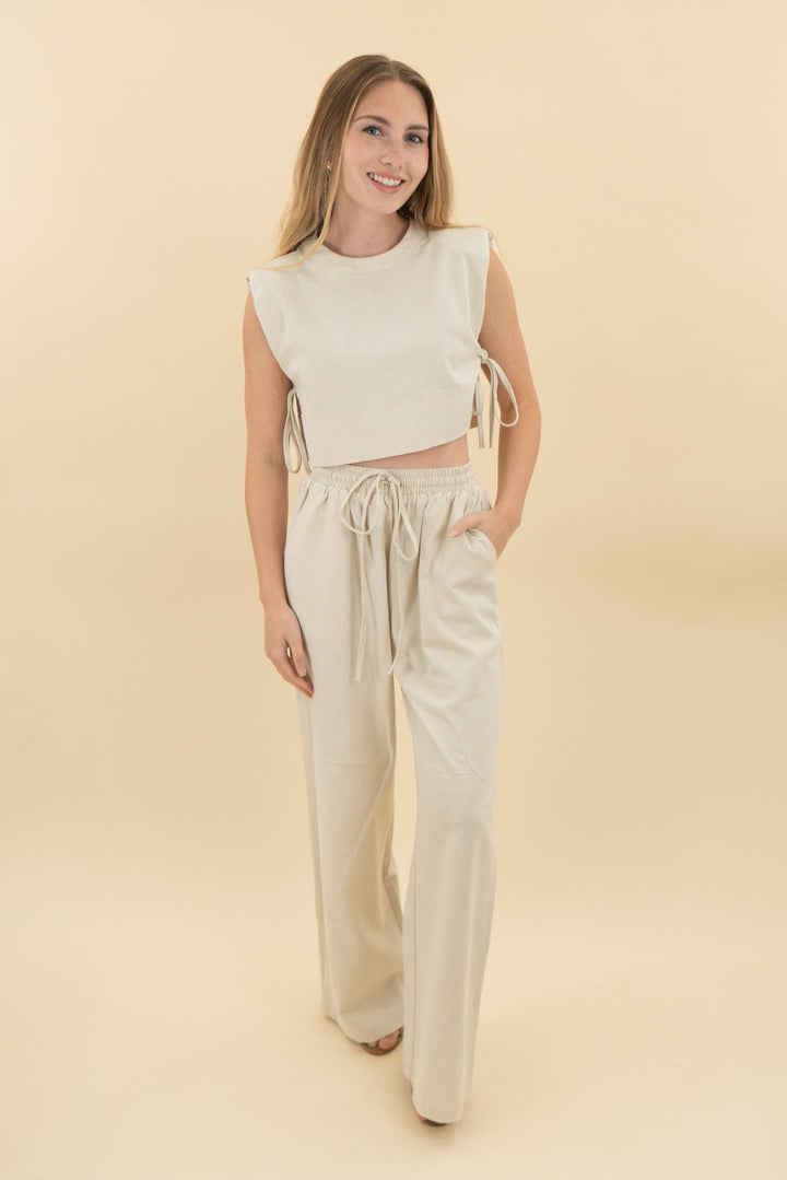 commense beige linen blend top and pants set (xs; retail $69.99)