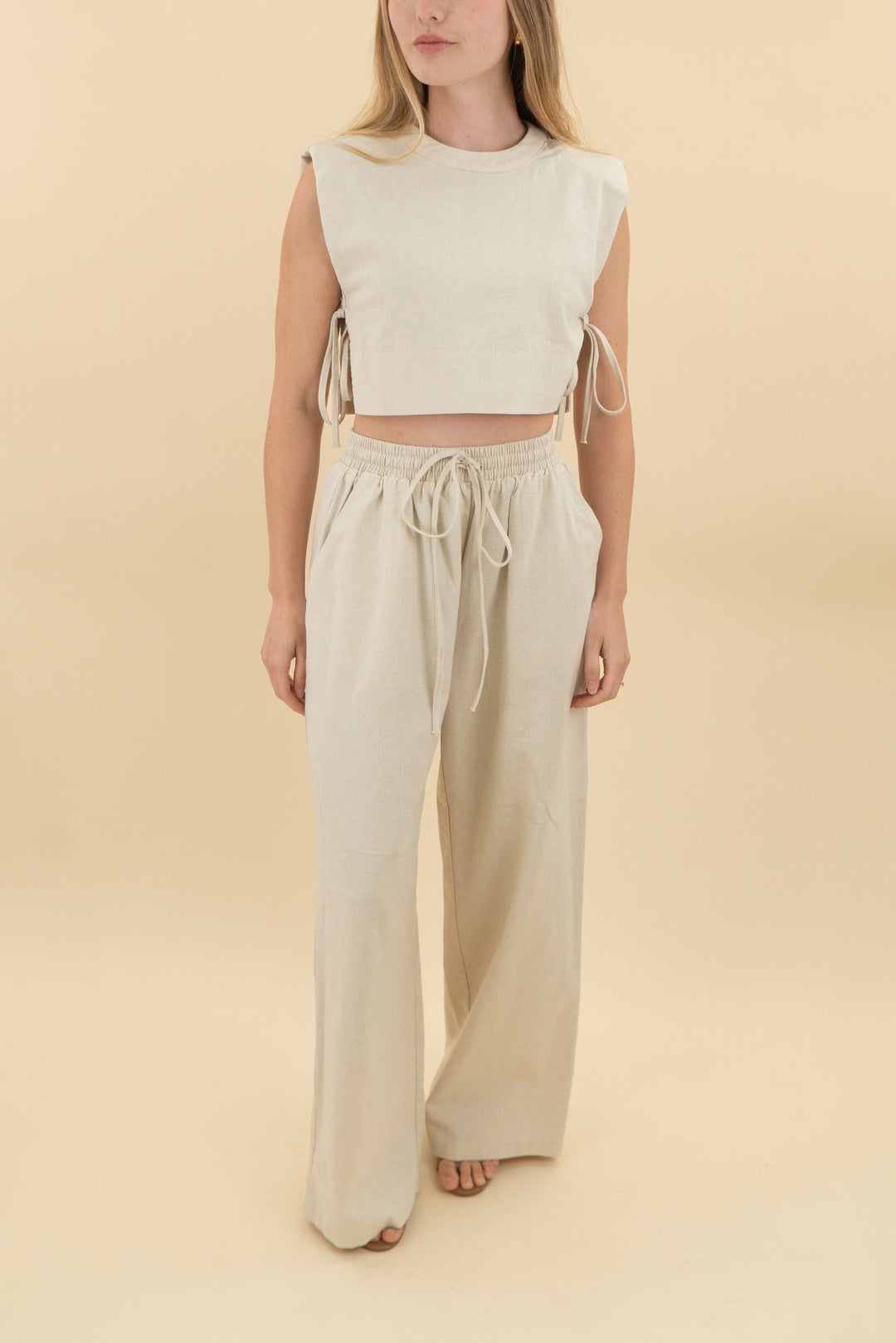commense beige linen blend top and pants set (xs; retail $69.99)