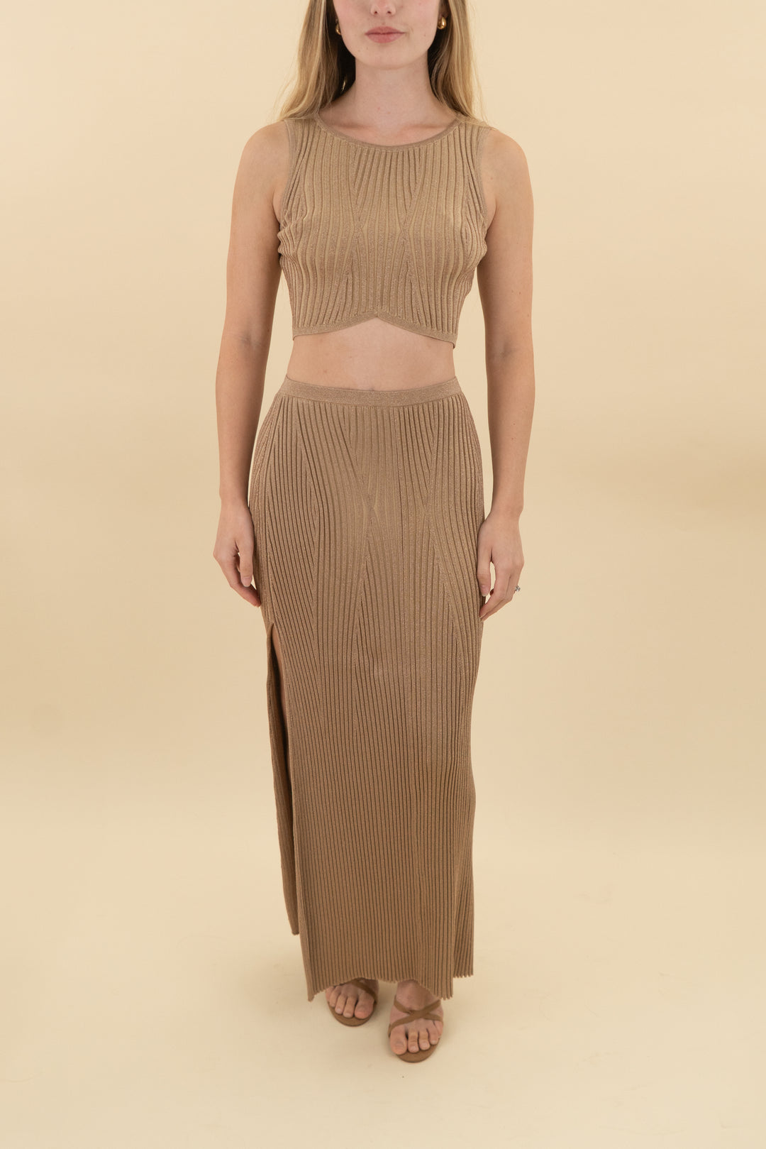 devon windsor tan metallic top and skirt set (s; retail $625)
