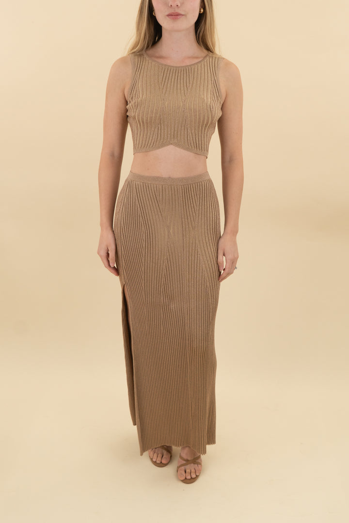 devon windsor tan metallic top and skirt set (s; retail $625)