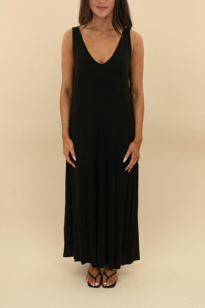 black jersey knit sleeveless maxi dress (xs; retail $49)